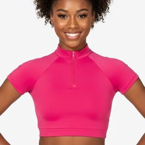 Theatricals Classwear Pink cranberry Zip Mock Neck Short Sleeve Dance Crop Top